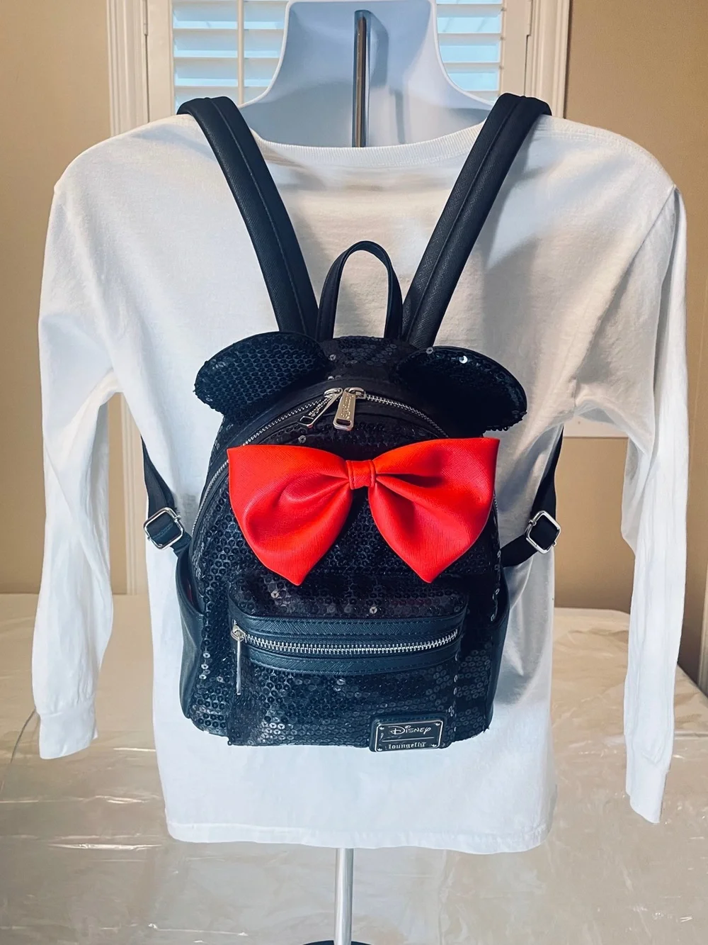 Loungefly Black Sequined Minnie Mouse Mini Backpack with Red Bow and Mouse Ears